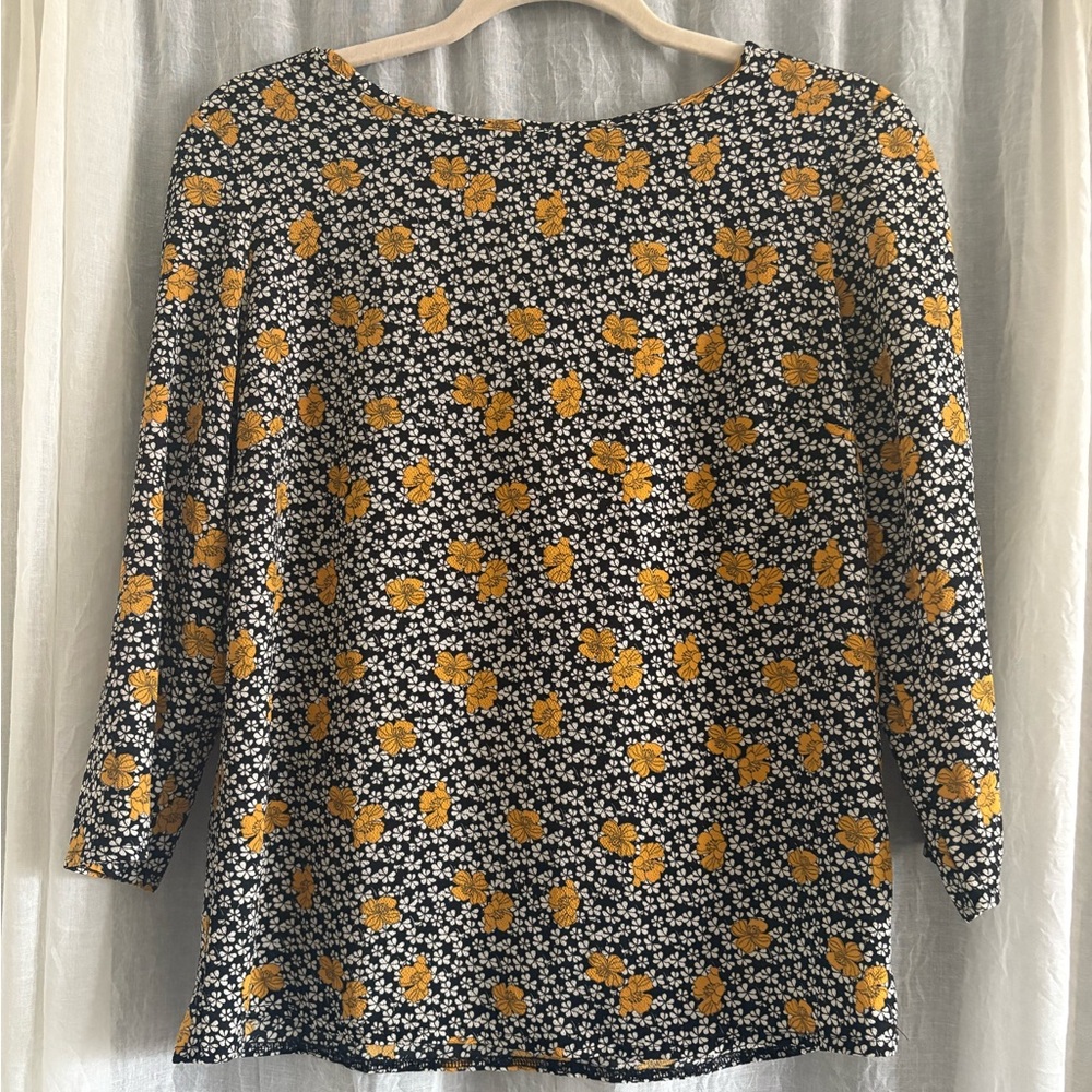 Etam Floral Print Boat Neck Women's Blouse Top Black and Orange